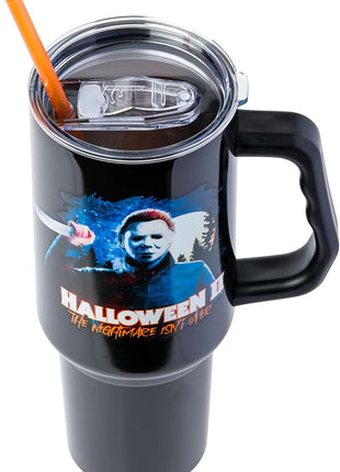 Silver Buffalo Halloween II “The Nightmare Isn’t Over” Stainless Steel Tumbler with Handle Featuring Michael Myers, Fits in Standard Cup Holder, 40 Ounces