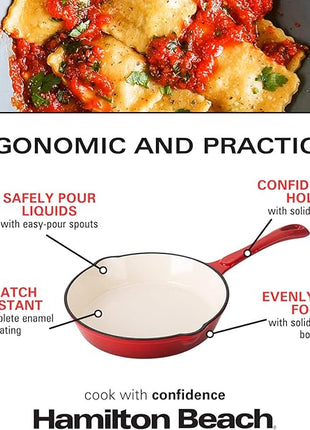 Hamilton Beach Enameled Cast Iron Fry Pan 8-Inch Red, Cream Enamel coating, Skillet Pan For Stove top and Oven, Even Heat Distribution, Safe Up to 400 Degrees, Durable