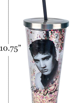 Spoontiques - Glitter Filled Acrylic Tumbler - Glitter Cup with Straw - 20 oz - Stainless Steel Locking Lid with Straw - Double Wall Insulated - BPA Free - Elvis Presley