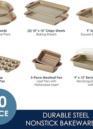Rachael Ray Cucina Nonstick Bakeware Set Baking Cookie Sheets Cake Muffin Bread Pan, 10 Piece, Latte Brown with Cranberry Red Grips