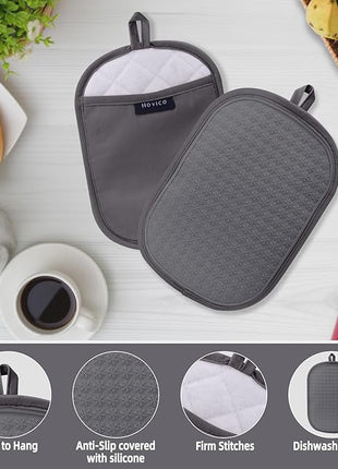 Hovico 2PCS Silicone Pot Holders, Oven Mitts Heat Resistant Hot Pads with Pockets, Non Slip Pot Holder for Kitchen Baking and Cooking| 9.8 x 7 Inches | Towel Cloth Interior Lining - Gray