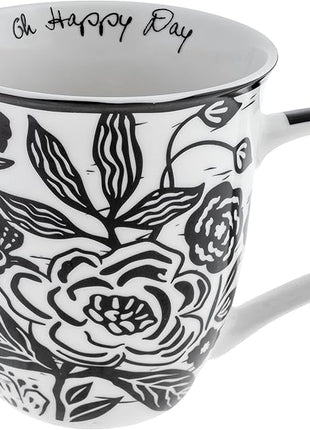 Karma Gifts 16 oz Black and White Boho Mug Floral - Cute Coffee and Tea Mug - Ceramic Coffee Mugs for Women and Men, 4.25" x 3.7"