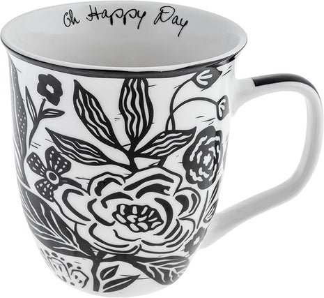 Karma Gifts 16 oz Black and White Boho Mug Floral - Cute Coffee and Tea Mug - Ceramic Coffee Mugs for Women and Men, 4.25" x 3.7"