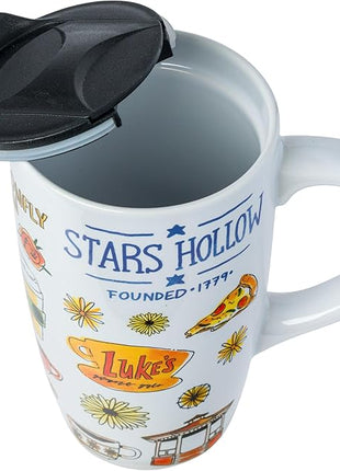 Silver Buffalo Gilmore Girls Iconic Icons Stars Hollow Luke's Diner Ceramic Travel Mug with Slide Close Lid and Handle, 16 Ounces