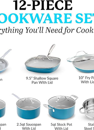 Gotham Steel Aqua Blue Pots and Pans Set, 12 Piece Nonstick Ceramic Cookware, Includes Frying Pans, Stockpots & Saucepans, Stay Cool Handles, Oven & Dishwasher Safe, 100% PFOA Free, Turquoise