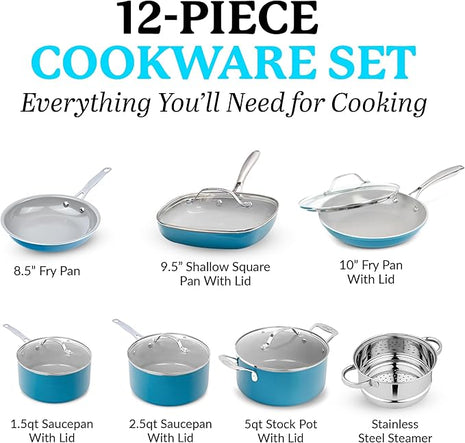Gotham Steel Aqua Blue Pots and Pans Set, 12 Piece Nonstick Ceramic Cookware, Includes Frying Pans, Stockpots & Saucepans, Stay Cool Handles, Oven & Dishwasher Safe, 100% PFOA Free, Turquoise