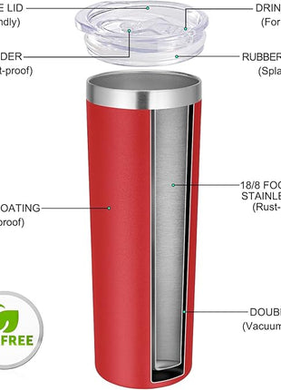 VEGOND 20 oz Stainless Steel Skinny Tumbler with Lids and Straws, 20oz Vacuum Insulated Slim Tumbler Cup, Double Wall Travel Tumblers Bulk for Cold Hot Drinks, Red 12 Pack