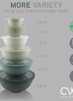 COOK WITH COLOR Mixing Bowls with TPR Lids - 12 Piece Plastic Nesting Bowls Set includes 6 Prep Bowls and 6 Lids - Microwave Safe (Sage)