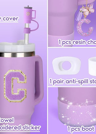 Mity rain 6PCS Cup Accessories Set for Stanley Cup 30oz 40oz tumbler with handle, Including Silicone Straw Topper Cover Cap and Boot, Spill Proof Stopper, Handle Charm, Initials Sticker (Letter C)