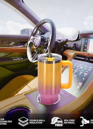 40 oz Shiny Tumbler with Handle and Straw,Stainless Steel Tumbler with Lid and Straw,Insulated Travel Mug(Cold for 34 Hours),Water Bottle for Iced Tea,Coffee (Yellow)