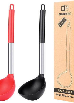 Pack of 2 Ladle Spoon,Silicone Large Spoon for Soup,Non Stick Kitchen Utensils with High Heat Resistant,BPA Free Perfect Kitchen Tools for Cooking, Stirring,Serving Soups (BLACK-RED)