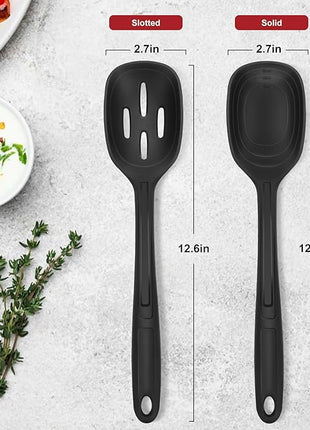 2 Pack Large Silicone Cooking Spoon with Measuring Mark, Premium Non-Stick Solid and Slotted Serving Spoons Set, Heat Resistant Kitchen Utensils for Mixing, Stirring, Scooping, Scraping