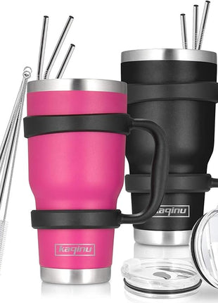 30oz Tumbler, 2 Packs Stainless Steel Double Wall Vacuum Insulated Tumbler Travel Mug With 8Pcs Reusable Straw, 2Pcs Slider Lid, Cleaning Brush, 2Pcs Handles (Black + Purple)