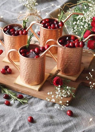 Gift Set Pure Copper Hammered Mugs with Copper Straws & Wooden Coasters Set of 4 - PREMIUM QUALITY -16 Oz Copper Mug - 100% Handcrafted - A Gift Pack for your loved Ones.