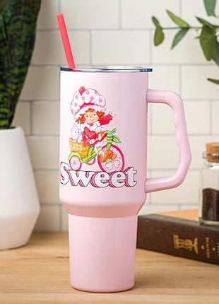 Silver Buffalo Strawberry Shortcake and Custard “Sweet” Stainless Steel Tumbler with Handle, Fits in Standard Cup Holder, 40 Ounces
