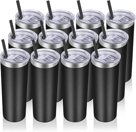 VEGOND Stainless Steel Tumblers Bulk 12 Pack, 20 oz Vacuum Insulated Skinny Tumblers with Lids and Straws, Double Wall Coffee Mug, Travel Water Cup, Black