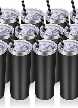 VEGOND Stainless Steel Skinny Tumblers Bulk 12 Pack, 20 oz Vacuum Insulated Tumblers with Lids and Straws, Double Wall Coffee Mug, Travel Water Cup, Matte Black
