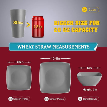 Teivio 24-piece Plastic Wheat Straw Square Dinnerware Sets,Service for 6, Unbreakable Dinner Plates, Salad Plates, Snack Bowls, Tumblers 20 oz, Dishwasher Safe, Outdoor Kitchen Dish Set, Grey