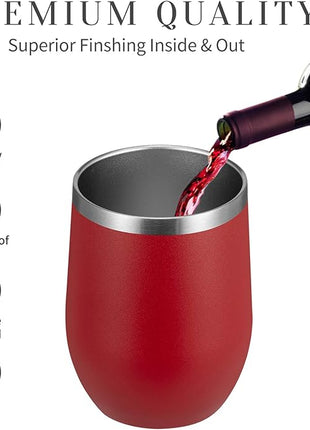 MEWAY 12oz/8 Pack Wine Tumbler Glasses with Lid - Stemless Double Wall Vacuum Stainless Steel Travel Tumbler - Keeping Cold & Hot for Wine,Coffee,Cocktails,Drinks-Family and Gifts (Red,Set of 8)