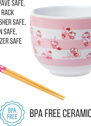 Silver Buffalo Sanrio Hello Kitty Strawberry Milk Pattern Ceramic Ramen Noodle Rice Bowl with Chopsticks, Microwave Safe, 20 Ounces