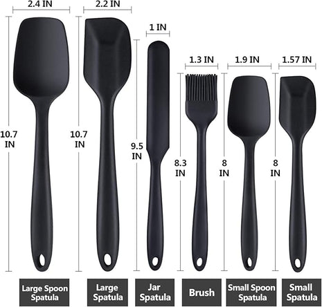 Spatulas Set of 6, Food Grade Silicone Spatulas, Heat Resistant, Seamless One Piece Design, Stainless Steel Core, Kitchen Utensils Nonstick for for Cooking, Baking and Mixing (Black)