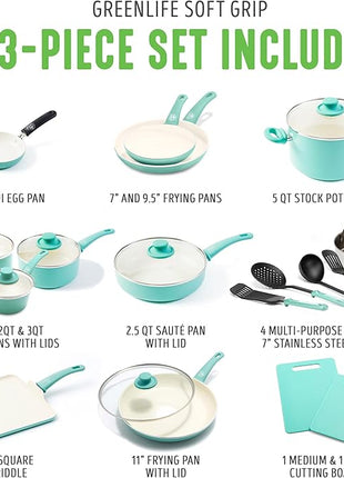 GreenLife Soft Grip 23 Piece Kitchen Cookware Pots and Frying Saucepans Set, Healthy Ceramic Nonstick PFAS and PFOA-Free, Dishwasher and Oven Safe, Even Heating, Easy Clean, Warp Control, Turquoise