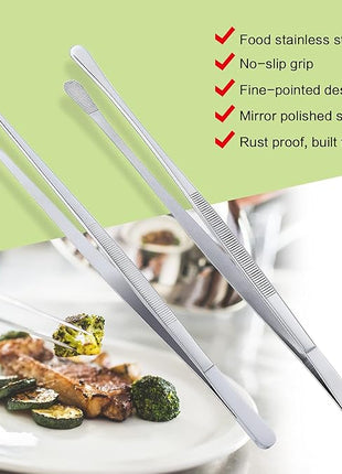 MSY BIGSUNNY Stainless Steel Food Tweezers Multi-function Cooking Tongs Kitchen Serving Tong (12" Round & 12" Pointed Tweezers)