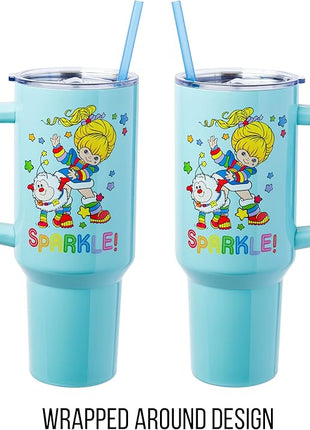 Silver Buffalo Rainbow Brite and Twink Sparkle Stainless Steel Tumbler with Handle and Straw, Fits in Standard Cup Holder, 40 Ounces (Pack of 12)