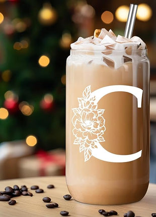 Coolife Initial Glass Cup, Monogrammed Gifts for Women, 16 oz Glass Cups w/Lids Straws, Iced Coffee Smoothie Beer Tumbler w/Straw Lid - Personalized Christmas, Birthday Gifts for Her Mom Friend Woman