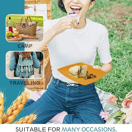 Teivio 32-piece Plastic Wheat Straw Square Dinnerware Set for 8, Unbreakable Dinner Plates, Salad Plates, Snack Bowls, Tumblers 20 oz, Dishwasher Safe, Autumn Multicolor