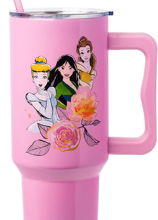 Silver Buffalo Disney Princess Featuring Cinderella, Mulan, Belle, Ariel, Tiana, and Jasmine Stainless Steel Tumbler with Handle and Straw, Fits in Standard Cup Holder, 40 Ounces