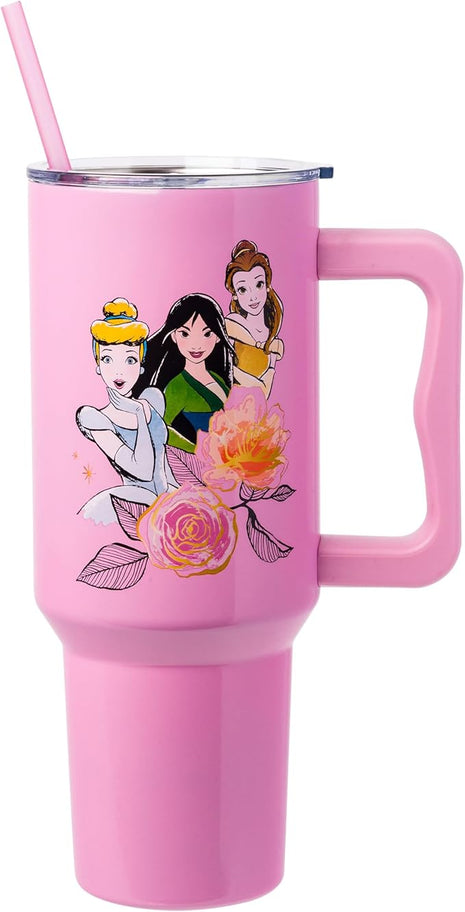 Silver Buffalo Disney Princess Featuring Cinderella, Mulan, Belle, Ariel, Tiana, and Jasmine Stainless Steel Tumbler with Handle and Straw, Fits in Standard Cup Holder, 40 Ounces