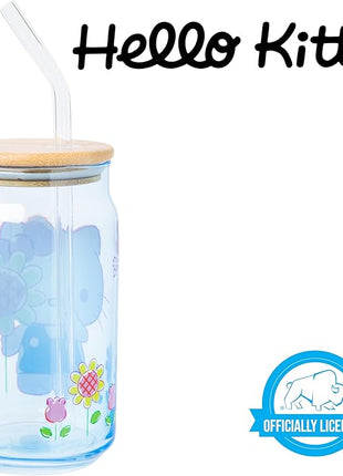 Silver Buffalo Sanrio Hello Kitty Floral Glass Tumbler with Bamboo Lid and Glass Straw, 16 Ounces
