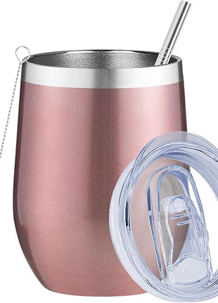 MEZMUT 12 Oz Insulated Wine Tumbler with Lid Double Wall Vacuum Stainless Steel Wine Glass Coffee Mug Insulated Tumbler Cup for Champaign, Cocktail, Beer (Rose Gold, 1 Pack)