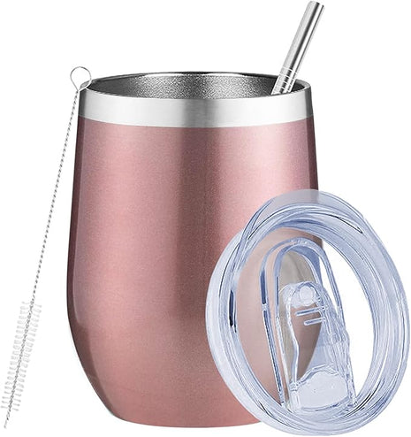 MEZMUT 12 Oz Insulated Wine Tumbler with Lid Double Wall Vacuum Stainless Steel Wine Glass Coffee Mug Insulated Tumbler Cup for Champaign, Cocktail, Beer (Rose Gold, 1 Pack)