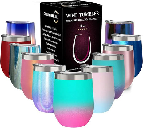 CHILLOUT LIFE 12 oz Stainless Steel Wine Tumbler with Lid - Double Wall Vacuum Insulated Wine Cup Glass Keeping Cold & Hot for Coffee, Champagne, Cocktails, Ice Cream - Powder Coated Aqua Blue/Pink