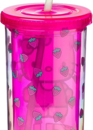 Silver Buffalo Sanrio Hello Kitty Strawberry Pattern Plastic Cold Cup with Lid and Straw, 20 Ounces