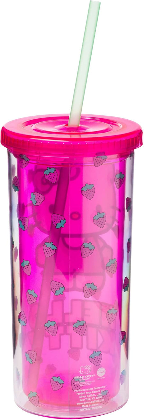 Silver Buffalo Sanrio Hello Kitty Strawberry Pattern Plastic Cold Cup with Lid and Straw, 20 Ounces