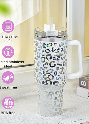 40 oz Tumbler with Handle and Straw, 100% Leak-Proof Travel Mug, Stainless Steel Double Wall Vacuum Insulated Coffee Cup Keeps Cold For 34 Hours, Dishwasher Safe, Lavender Rose Leopard