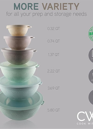 COOK WITH COLOR Mixing Bowls with Lids - 12 Piece Plastic Nesting Bowls Set includes 6 Prep Bowls and 6 Lids, Rhombus Design - Microwave Safe (Mint)