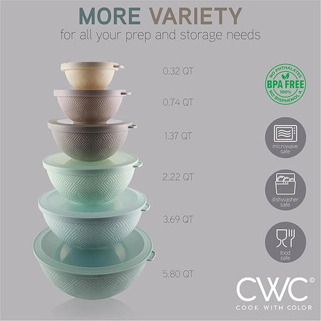 COOK WITH COLOR Mixing Bowls with Lids - 12 Piece Plastic Nesting Bowls Set includes 6 Prep Bowls and 6 Lids, Rhombus Design - Microwave Safe (Mint)