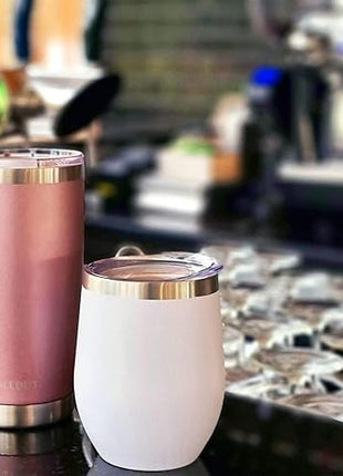 CHILLOUT LIFE 12 oz Stainless Steel Wine Tumblers 2 Pack - Double Wall Vacuum Insulated Wine Glasses Cups with Lids and Straws Set Keeping Cold & Hot for Coffee, Beer, Ice Cream - Powder Coated White