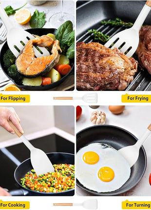 Pack of 2 Silicone Cooking Spatula, Heat Resistant Solid Turner, Non Stick Slotted Spatulas with Wooden Handle,Ideal Wood Kitchen Utensils Set for Frying, Baking, Flipping, Turning (WHITE)
