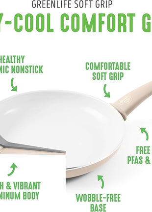 GreenLife 16 Piece Nonstick Cookware Set, Soft Grip Non-Toxic PFAS-Free Ceramic Pots & Pans, Dishwasher & Oven Safe, Frying, Sauce, Saute, Utensils, Glass Lids, Stay-Cool Handles, Wobble Free, Taupe