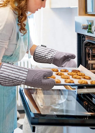 Silicone Oven Mitts Heat Resistant 932℉ with Waterproof & Non-Slip Kitchen Mittens, Set of 2 Extra Long Oven Gloves with Soft Cotton Terry Lining for Baking Cooking Barbecue(2, Purple Mitts)