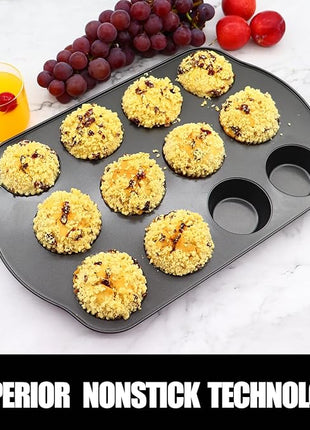 12+24 Muffin Pan Set (2 Pack) - Nonstick Cupcake Tins Dark Gray | Heavy Duty Carbon Steel, Rustproof, Oven Safe Baking Gift