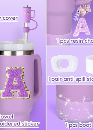 Mity rain 6PCS Cup Accessories Set for Stanley Cup 30oz 40oz tumbler with handle, Including Silicone Straw Topper Cover Cap and Boot, Spill Proof Stopper, Handle Charm, Initials Sticker (Letter A)