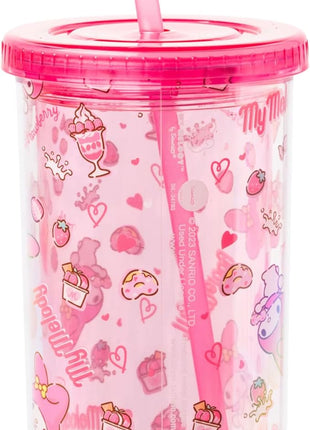 Silver Buffalo Sanrio Hello Kitty and Friends My Melody Strawberry Donut and Milkshake Pattern Plastic Cold Cup with Lid and Straw, 20 Ounces