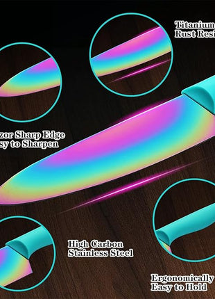 Marco Almond Kitchen Knife Set, KYA37 12-Piece Rainbow Titanium Stainless Steel Boxed Knives Set for Kitchen with Covers, 6 Knives with 6 Blade Guards