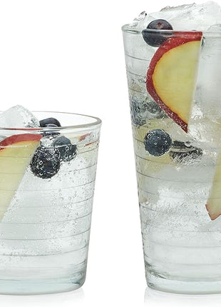 Libbey Hoops Tumbler and Rock Glass Set, Two Sized Nostalgic Retro Glass Cups Set, Dishwasher Safe Glasses Drinking Set of 16 for Any Occasion